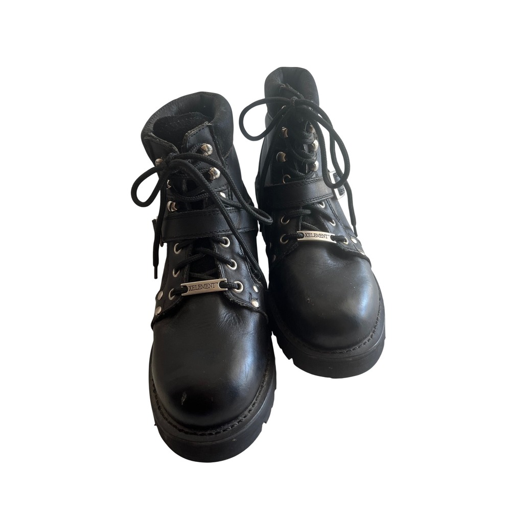 Xelement Black Leather Motorcycle Boots Lace Up Buckle Lug Sole Mens Boots